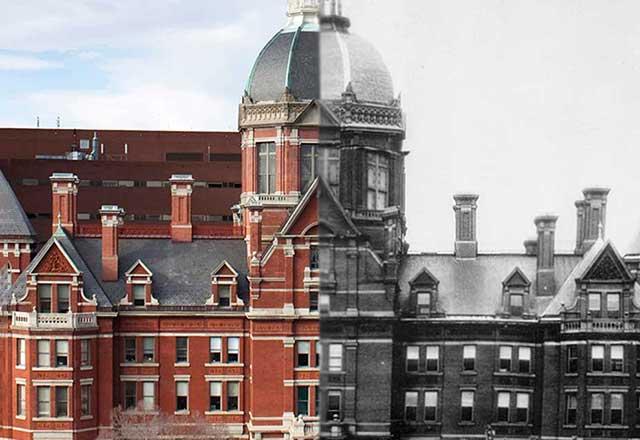 约翰霍普金斯医院的照片，1889年和现在，并排.